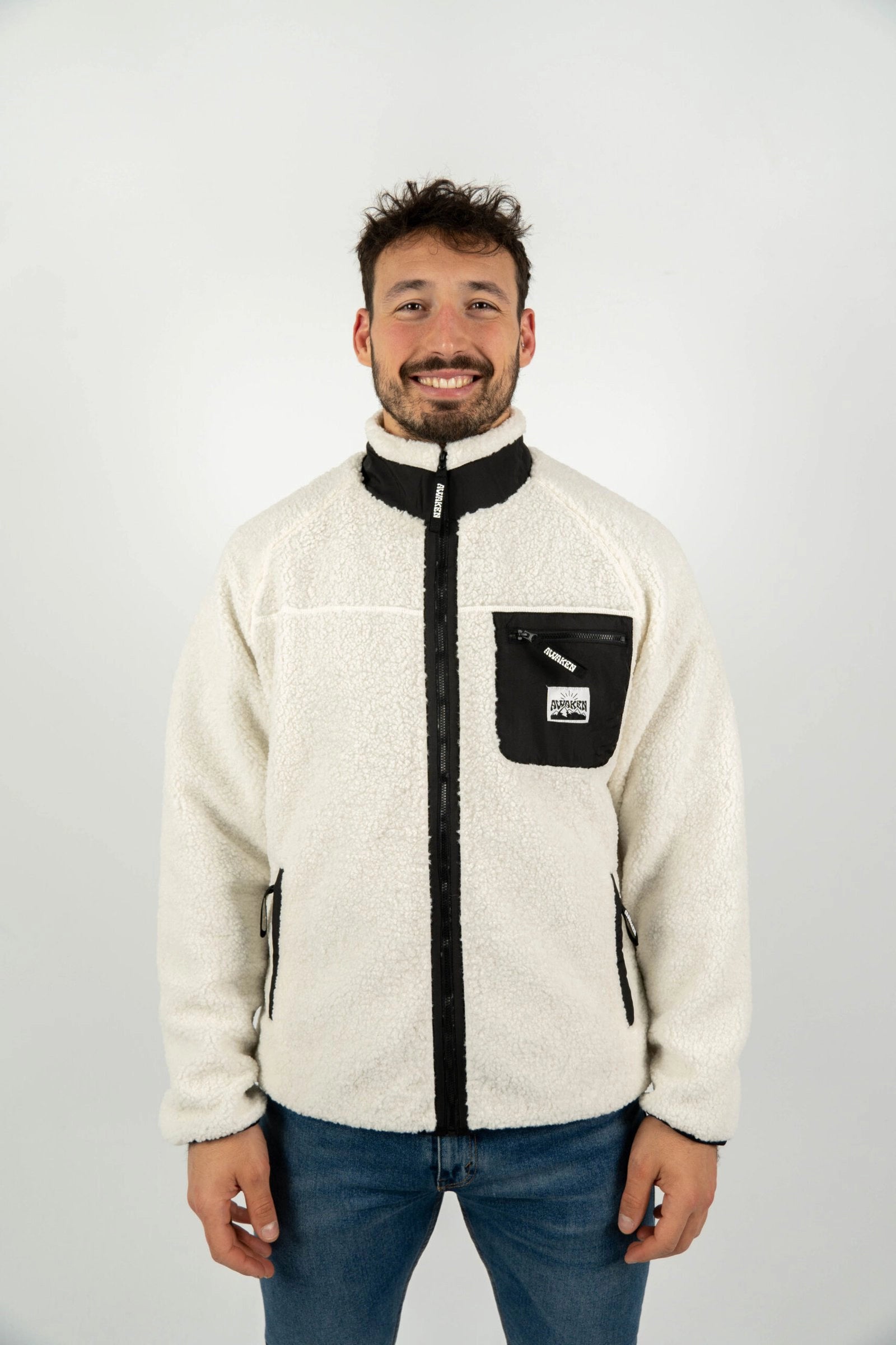Chaqueta borrego unisex frontal detalle color blanco nieve