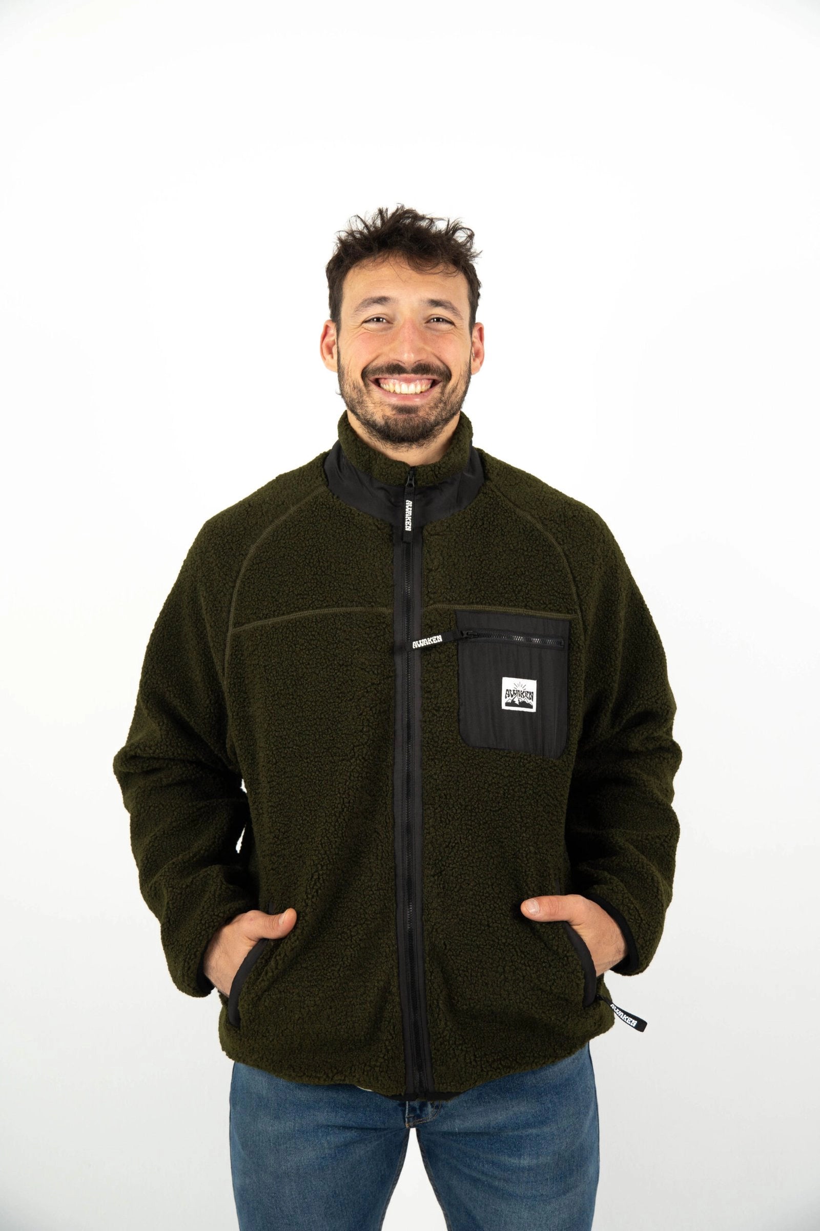 Chaqueta borrego unisex frontal detalle color verde bosque